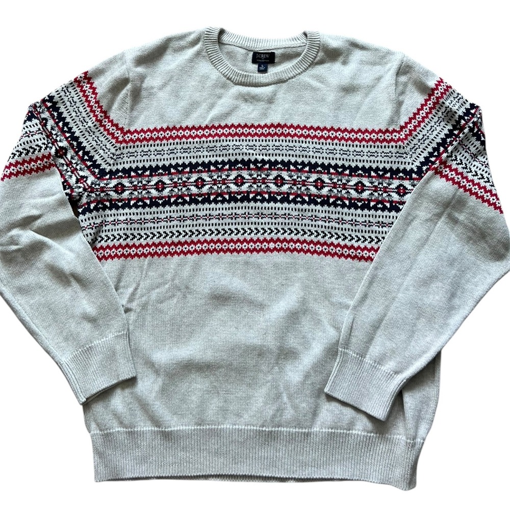 J.Crew Mens Fair Isle Cotton Crewneck Sweater‎ Gray Red Blue Geometric Large L